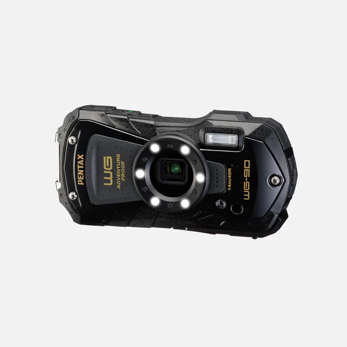 Pentax Wg-90 tough digital camera front view in black and grey