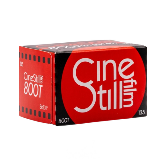 Red box of 35mm colour negative film roll, Cinestill 800T with 36 exposures