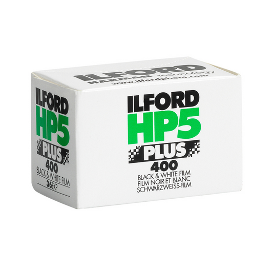 White box of black and white 35mm film roll, Ilford HP5 Plus 400 with 36 exposures