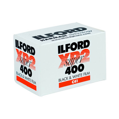 White box of black and white 35mm film roll, Ilford XP2 Super 400 with 36 exposures