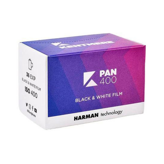 Purple box of black and white 35mm film roll, Kentmere 400 with 36 exposures