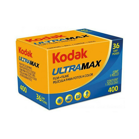 A blue and yellow box of Kodak Ultramax 400 35mm colour negative film with 36 exposures