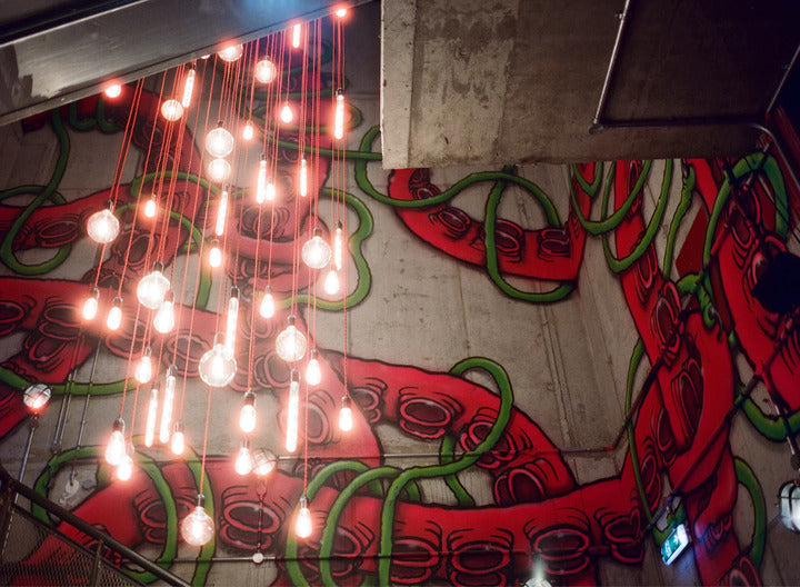 cinestill 800t octopus stairwell taken on 120 mamiya 645 pro tl
