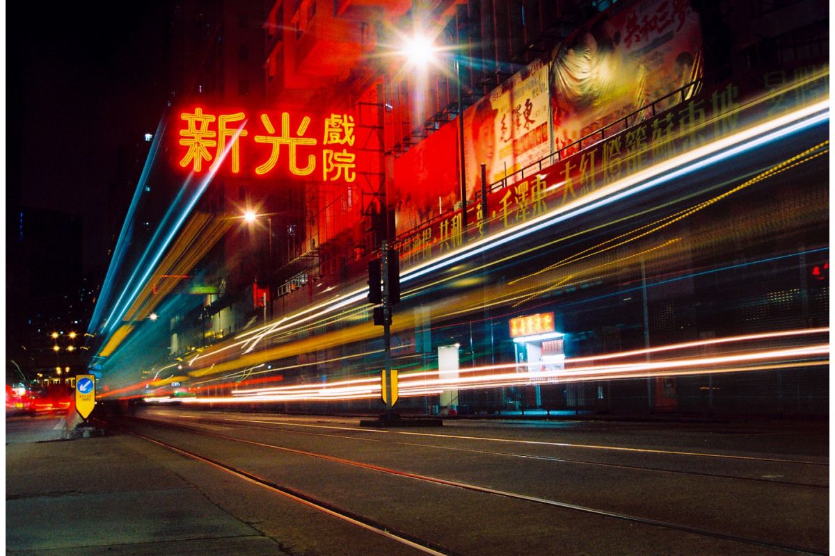 long exposure of street lights, cars and neon signs taken on colour negative lomography 800