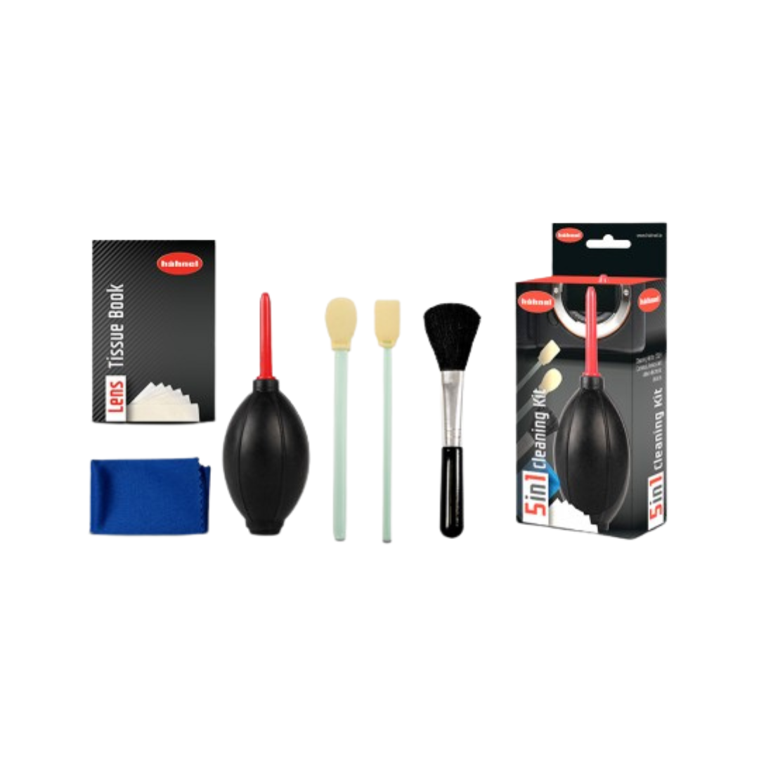 Hahnel 5 in 1 camera cleaning set with blower, brush, swabs, cloth, and lens tissue